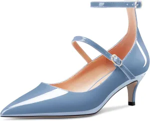 NobleOnly Women Mid Heel Ankle Strap Pointed Toe Pumps Casual Party Office Dress Cute Buckle Shoes 2.0 Inches Heels