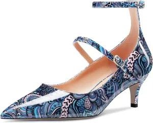 NobleOnly Women Mid Heel Ankle Strap Pointed Toe Pumps Casual Party Office Dress Cute Buckle Shoes 2.0 Inches Heels