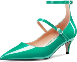 NobleOnly Women Mid Heel Ankle Strap Pointed Toe Pumps Casual Party Office Dress Cute Buckle Shoes 2.0 Inches Heels