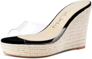NobleOnly Womens High Heels Platform Wedge Sandals Clear Transparent Comfortable Slippers Leather Lining Slip-on Office Shoes 10CM Heel