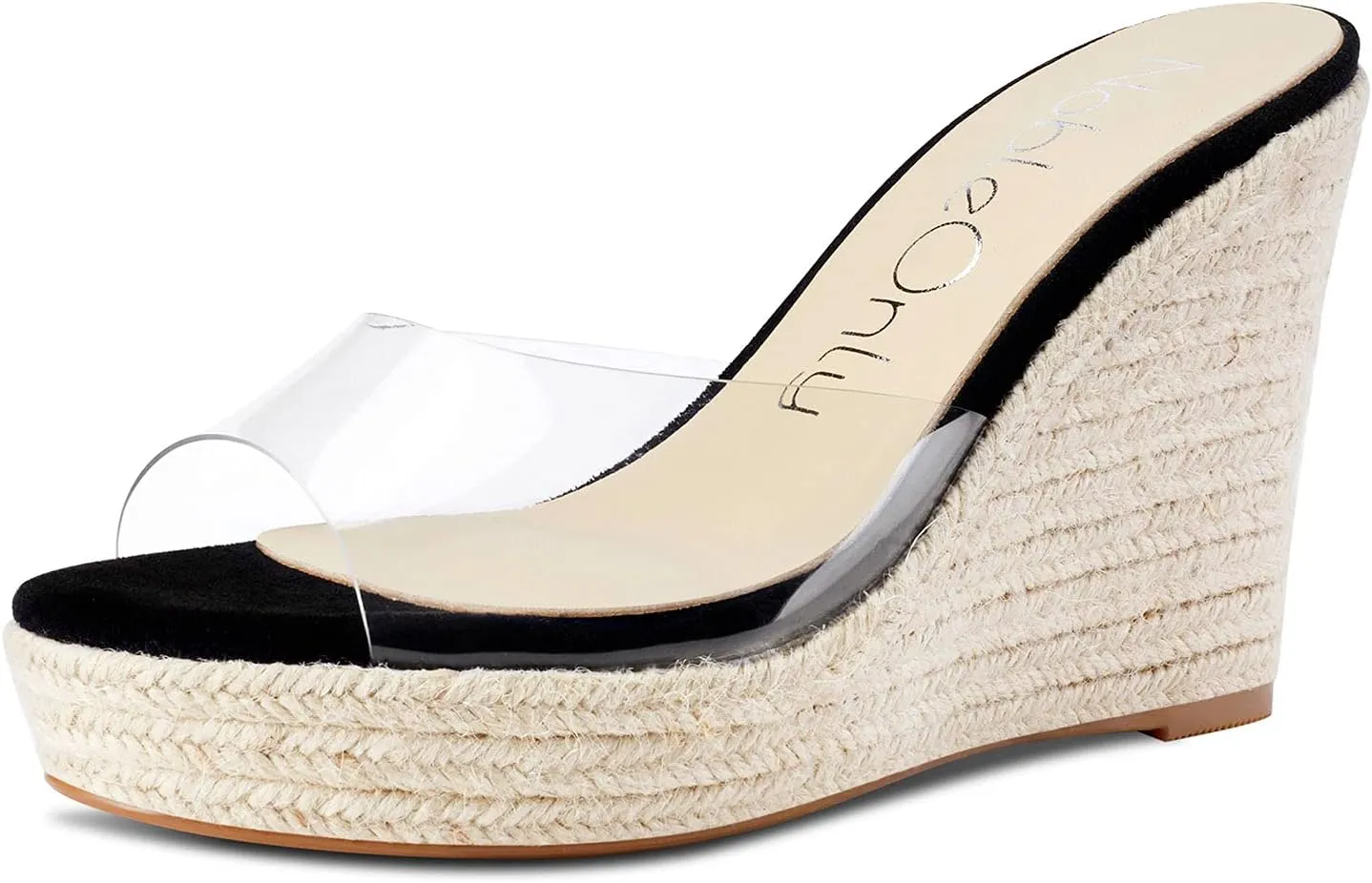 NobleOnly Womens High Heels Platform Wedge Sandals Clear Transparent Comfortable Slippers Leather Lining Slip-on Office Shoes 10CM Heel