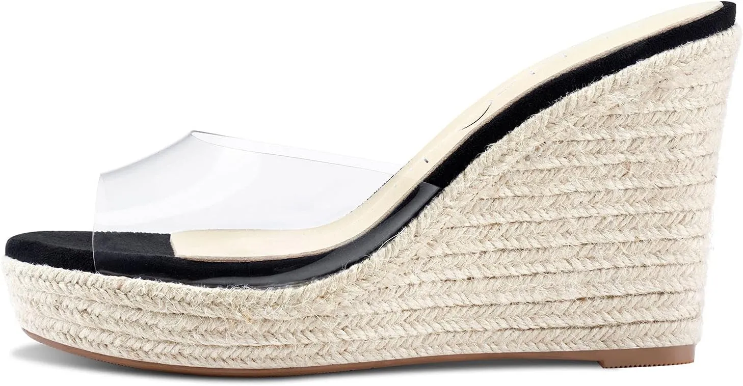 NobleOnly Womens High Heels Platform Wedge Sandals Clear Transparent Comfortable Slippers Leather Lining Slip-on Office Shoes 10CM Heel