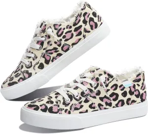 Obtaom Women's Play Fashion Sneaker White Color Washed and Leopard Canvas Slip on Shoes
