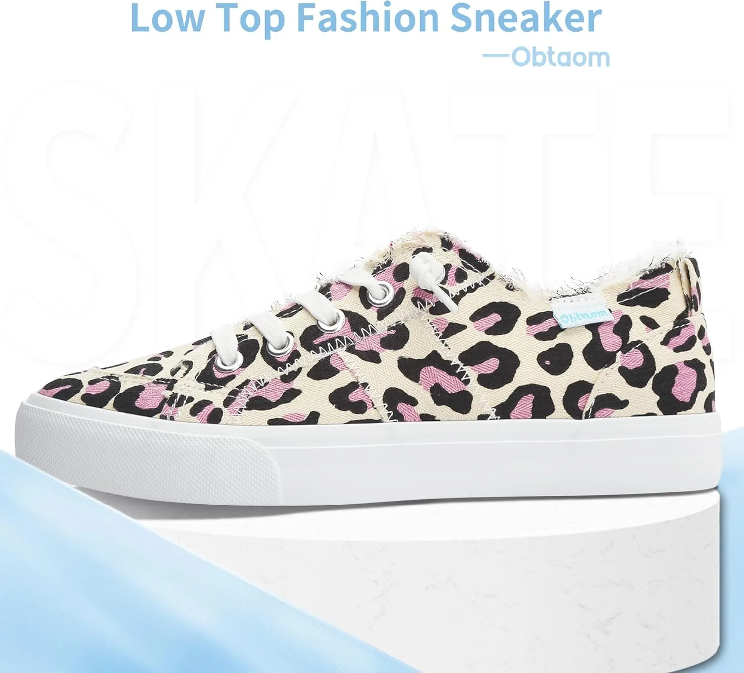 Obtaom Women's Play Fashion Sneaker White Color Washed and Leopard Canvas Slip on Shoes
