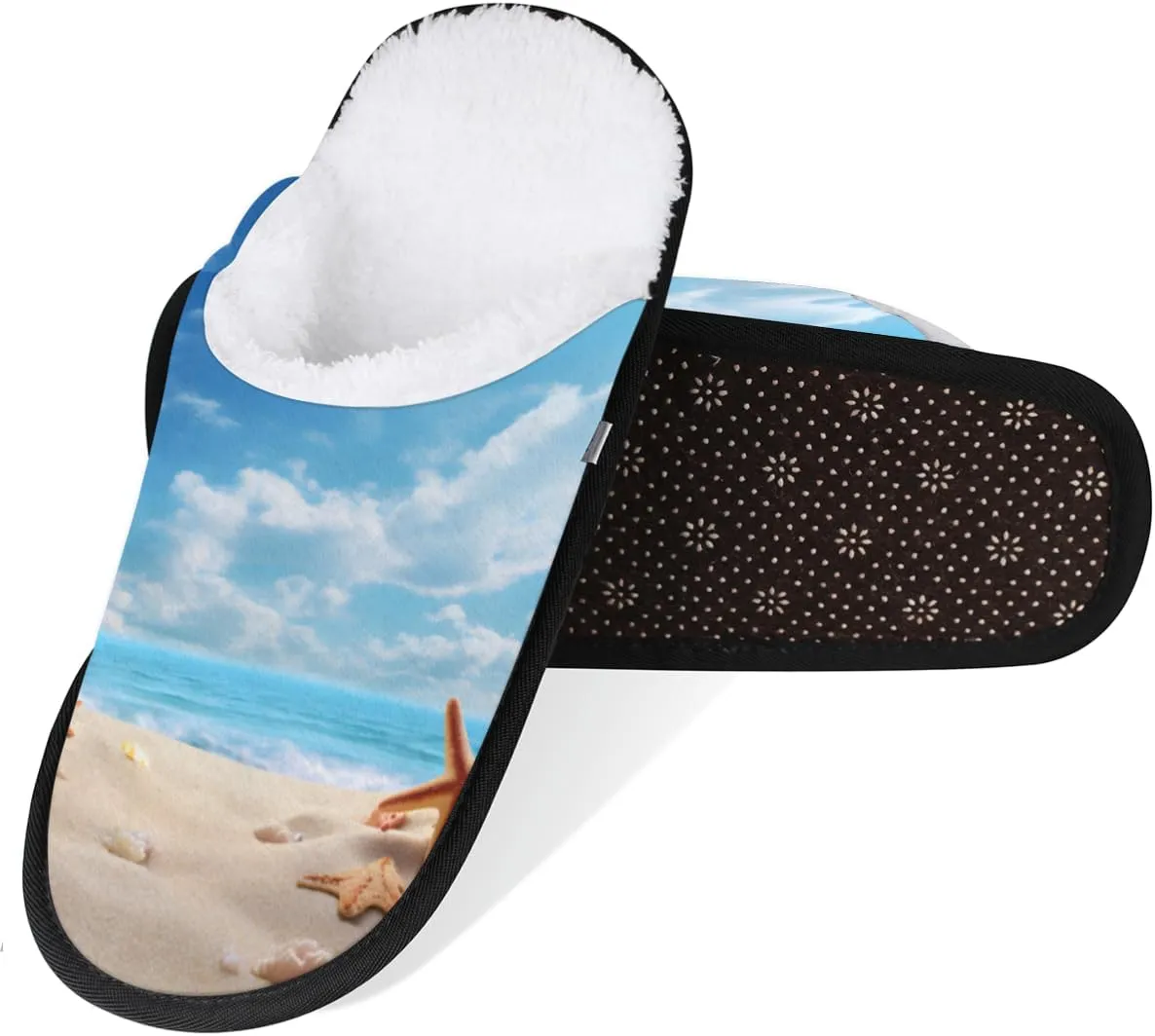 Ocean Starfish Women's House Slippers Sea Shell Slip-on Fuzzy Memory Foam Slippers Anti Skid Indoor Warm Home Shoes