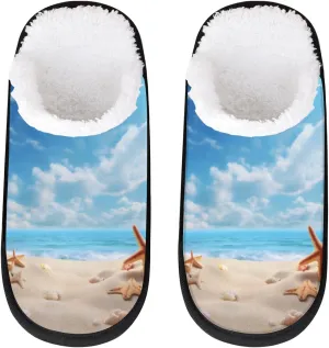 Ocean Starfish Women's House Slippers Sea Shell Slip-on Fuzzy Memory Foam Slippers Anti Skid Indoor Warm Home Shoes