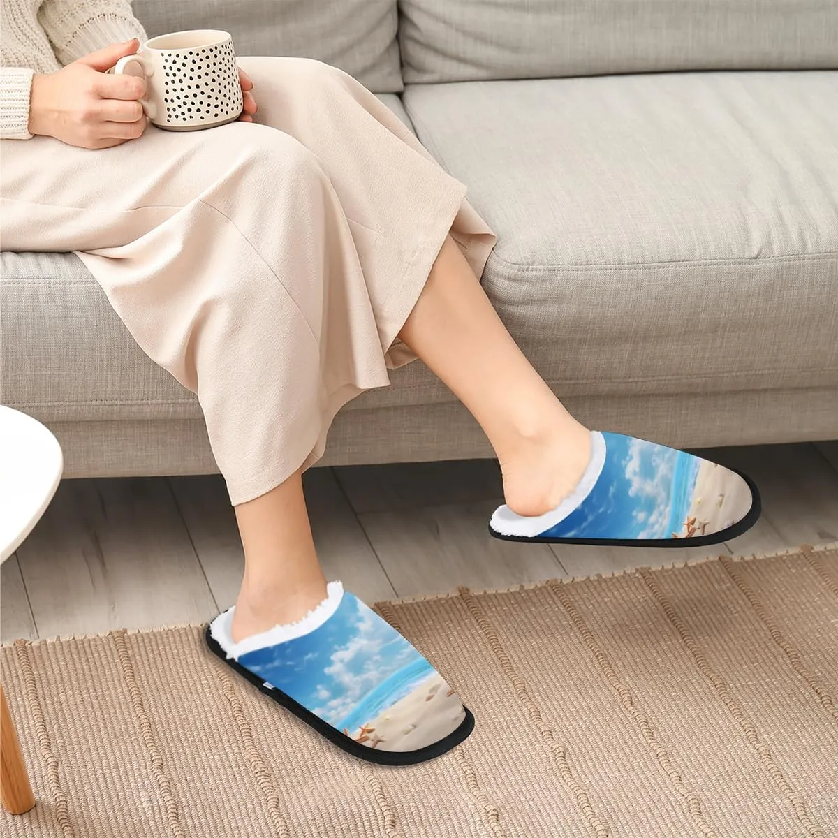 Ocean Starfish Women's House Slippers Sea Shell Slip-on Fuzzy Memory Foam Slippers Anti Skid Indoor Warm Home Shoes