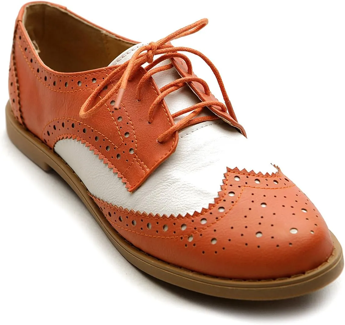 Ollio Women's Flat Shoe Wingtip Lace Up Two Tone Oxford
