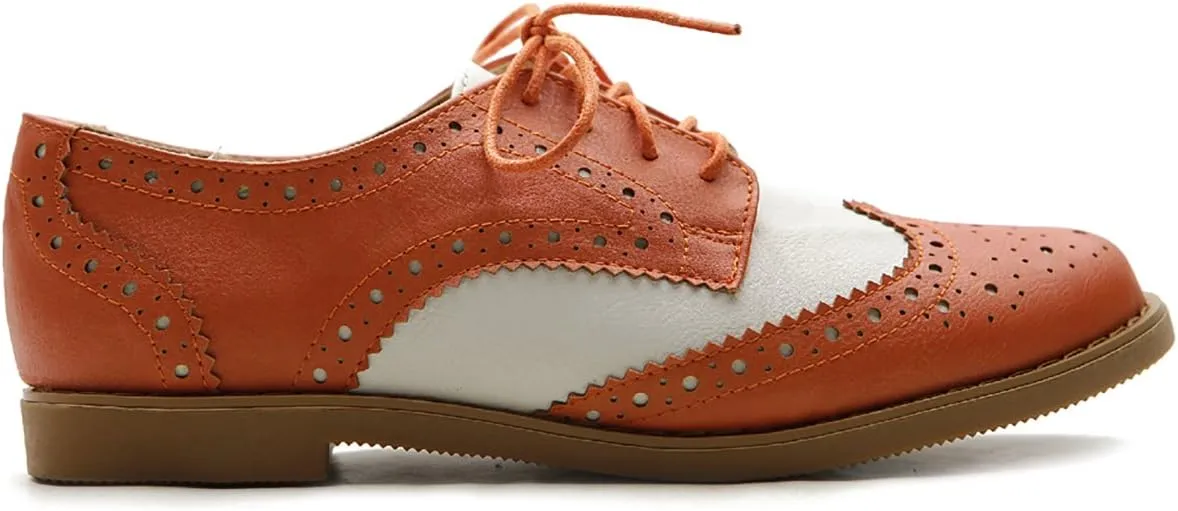 Ollio Women's Flat Shoe Wingtip Lace Up Two Tone Oxford