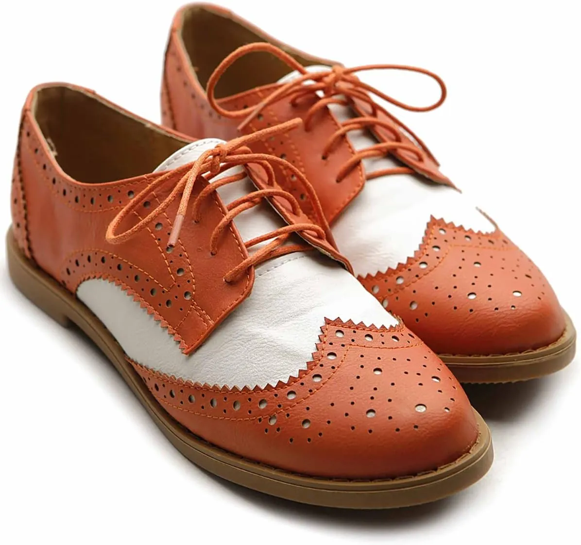 Ollio Women's Flat Shoe Wingtip Lace Up Two Tone Oxford
