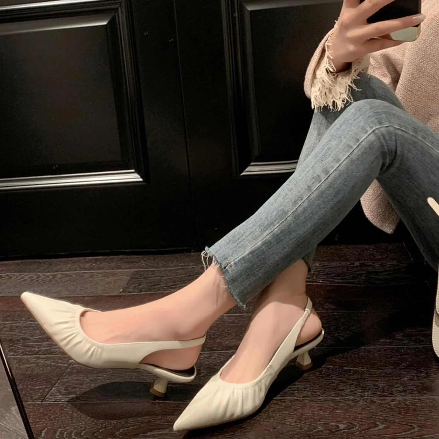 olomisa Slingback Pumps for Women, Kitten Heels with Pointed Toe Low Heel Sandals Ankle Strap Heels Slip-On Pumps