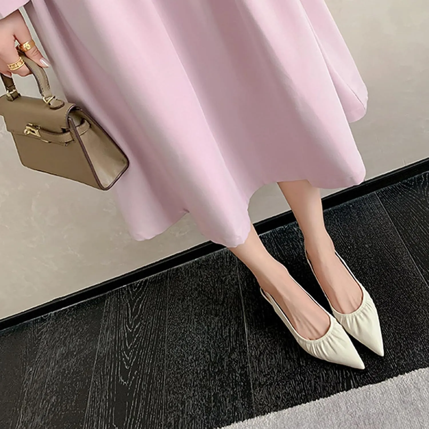 olomisa Slingback Pumps for Women, Kitten Heels with Pointed Toe Low Heel Sandals Ankle Strap Heels Slip-On Pumps