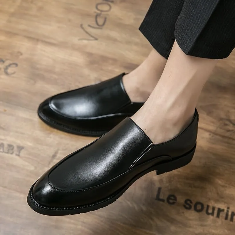 Oxford Dress Shoes for Men Slip On Pointed Toe PU Leather Apron Toe Low Top Block Heel Rubber Sole Anti-Slip Casual