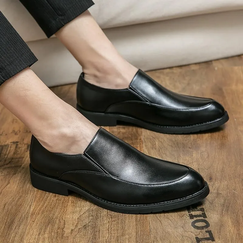 Oxford Dress Shoes for Men Slip On Pointed Toe PU Leather Apron Toe Low Top Block Heel Rubber Sole Anti-Slip Casual