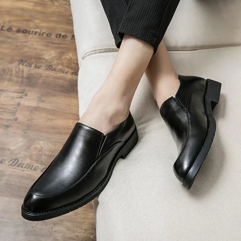 Oxford Dress Shoes for Men Slip On Pointed Toe PU Leather Apron Toe Low Top Block Heel Rubber Sole Anti-Slip Casual