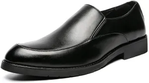 Oxford Dress Shoes for Men Slip On Pointed Toe PU Leather Apron Toe Low Top Block Heel Rubber Sole Anti-Slip Casual