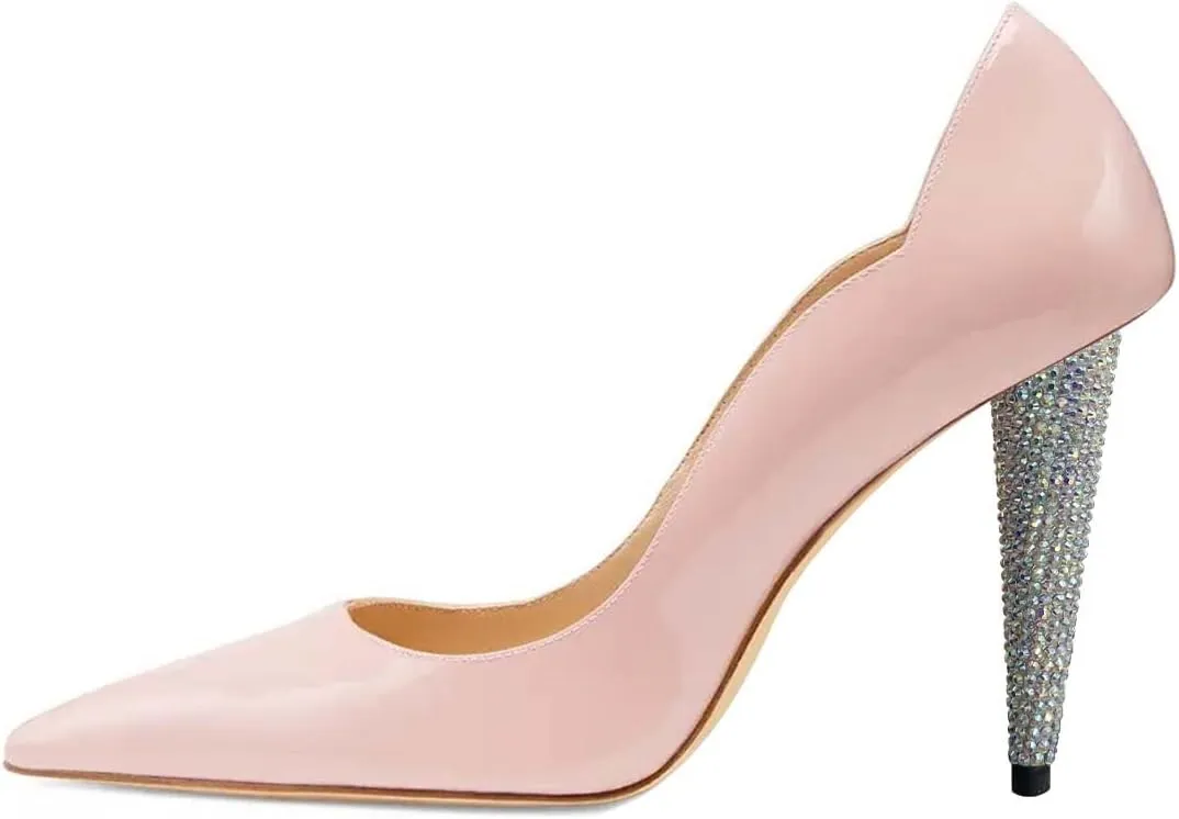 Pazzion Women Basic Closed Pointy Toe Cone Heel Pumps Rhinestone Slip On High Heels Fashion Commuting Office Shoes Size 4-16 US