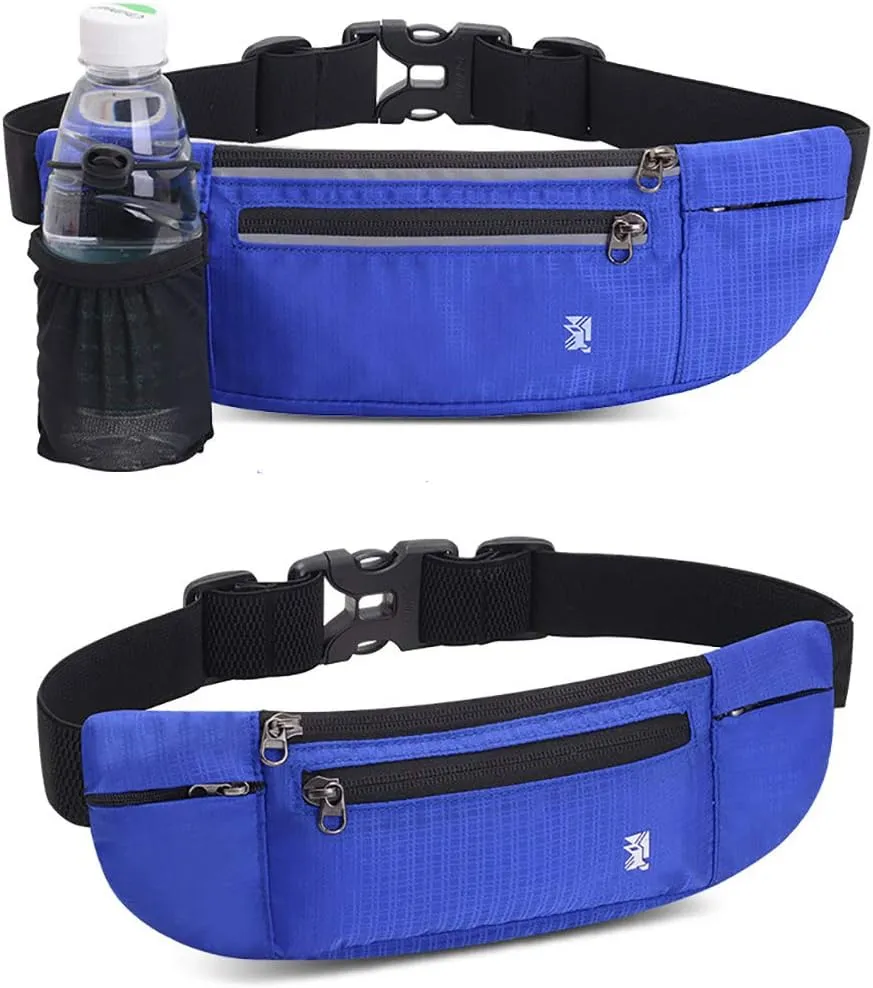 Peicees Running Belt with 2 Water Bottles, Multifunctional Zipper Pocket Adjustable Strap Water Resistant Waist Bag Fanny Pack Waist Pack Phone Holder Pouch for Running Hiking Cycling Climbing Runners