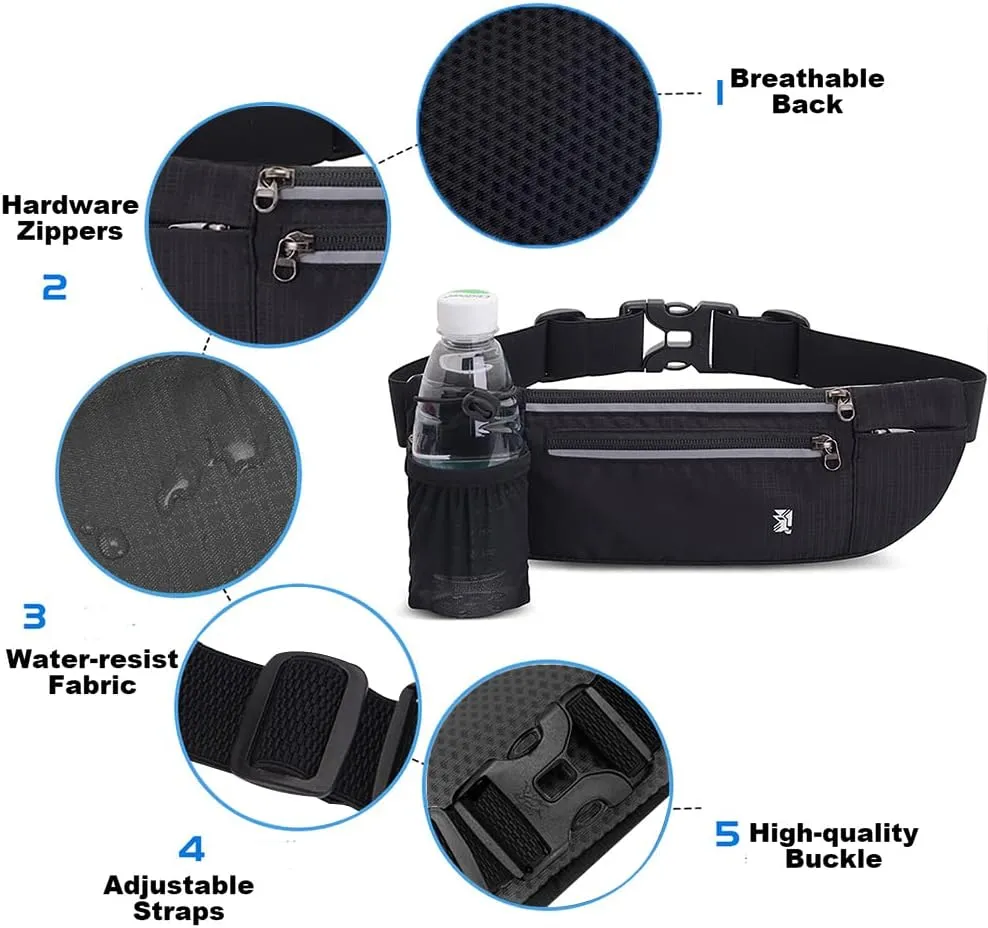 Peicees Running Belt with 2 Water Bottles, Multifunctional Zipper Pocket Adjustable Strap Water Resistant Waist Bag Fanny Pack Waist Pack Phone Holder Pouch for Running Hiking Cycling Climbing Runners