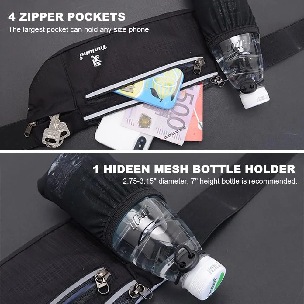 Peicees Running Belt with 2 Water Bottles, Multifunctional Zipper Pocket Adjustable Strap Water Resistant Waist Bag Fanny Pack Waist Pack Phone Holder Pouch for Running Hiking Cycling Climbing Runners