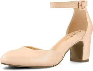 PIZZ ANNU Women's Gilaa Closed Toe Low Chunky Heels Pumps Ankle Strap Wedding Business Round Toe Block Dress Shoes
