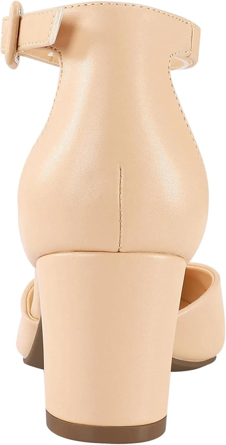 PIZZ ANNU Women's Gilaa Closed Toe Low Chunky Heels Pumps Ankle Strap Wedding Business Round Toe Block Dress Shoes