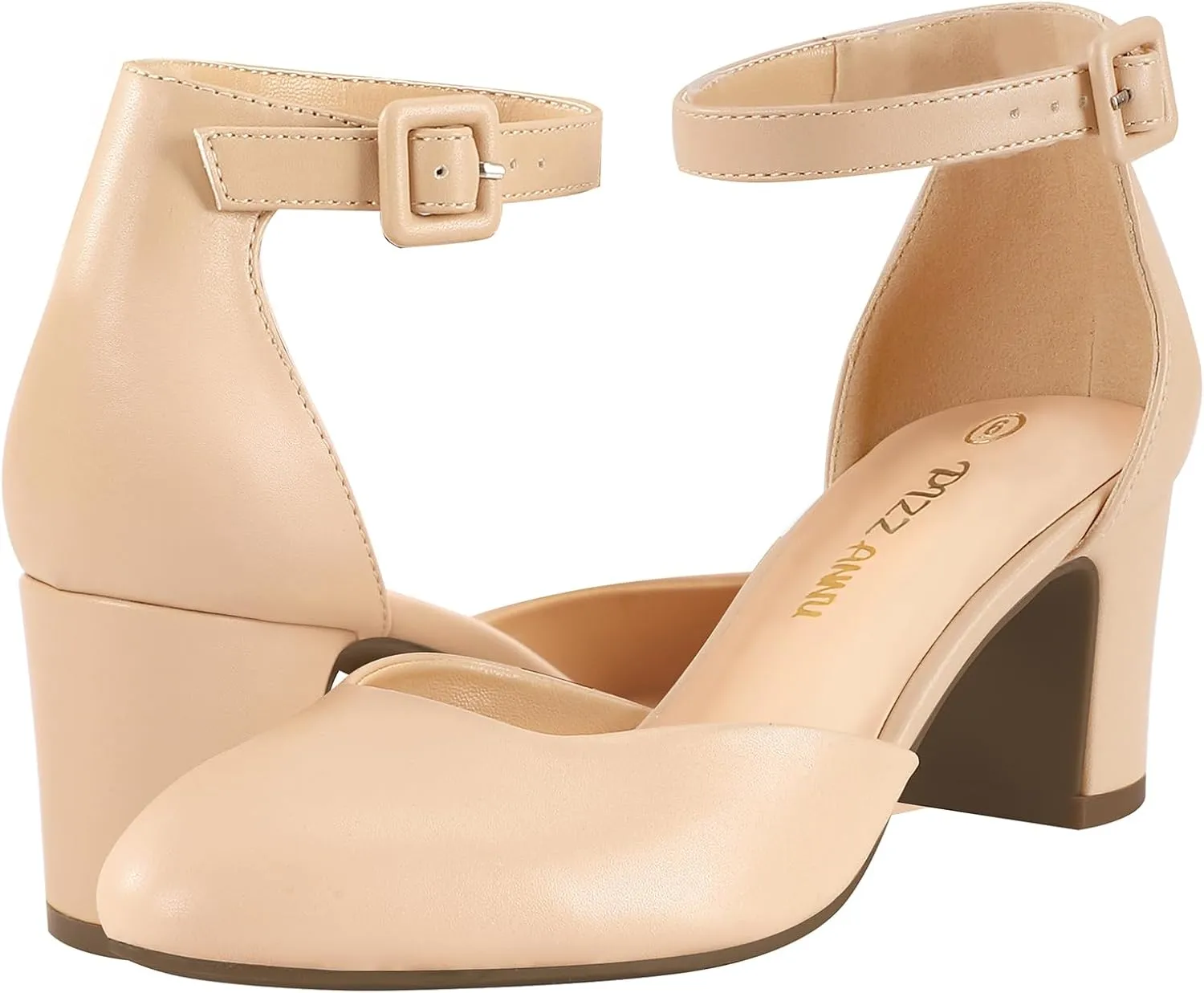 PIZZ ANNU Women's Gilaa Closed Toe Low Chunky Heels Pumps Ankle Strap Wedding Business Round Toe Block Dress Shoes