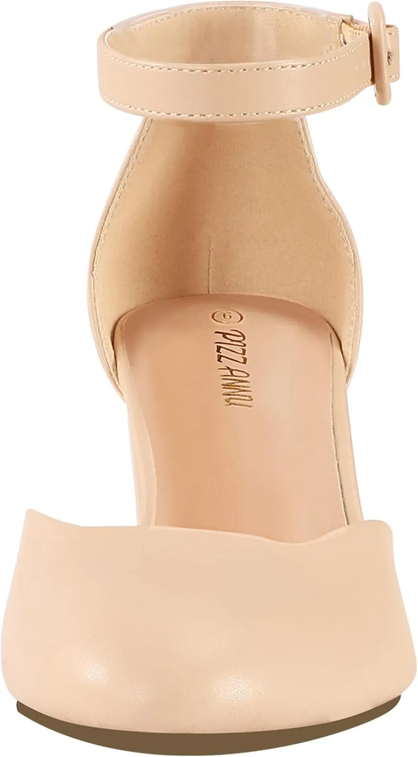 PIZZ ANNU Women's Gilaa Closed Toe Low Chunky Heels Pumps Ankle Strap Wedding Business Round Toe Block Dress Shoes