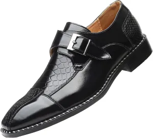 Pointed Toe Dress Oxfords Shoes for Men with Monk Strap, Vintage Casual Slip-on Hand Stitched Stacked Heel Wide Derby Shoe for Office Work Business Fashion
