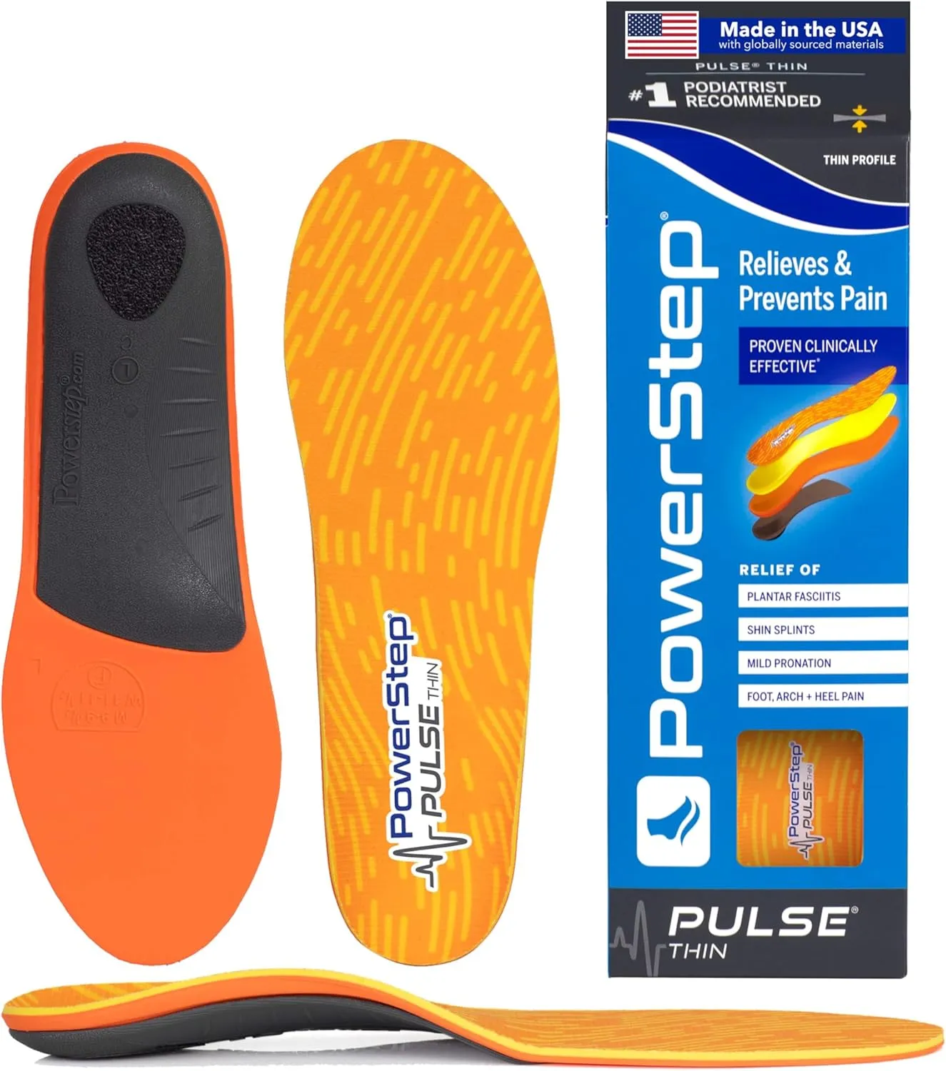 PowerStep Pulse Thin Orthotics - Arch Support Inserts   Pain Relief for Cleats & Tight Running Shoes - Insoles for Plantar Fasciitis, Mild Pronation & Shin Splints - Made in USA (M 11-11.5)