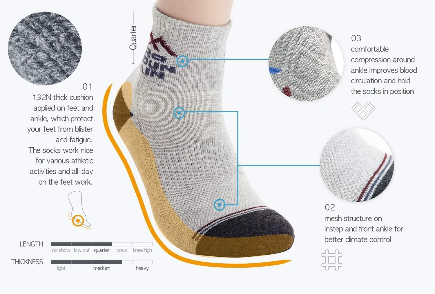 Pro Mountain Wide Toe Box For Health Cotton Compression Ankle Socks Athletic Hiking Mesh Quarter Length