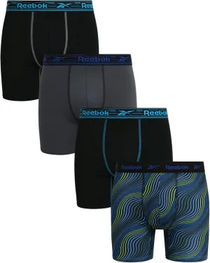 Rebook Mens Boxer Briefs - 4 Pack Moisture Wicking Stretch Performance Mens Underwear Boxers with Contour Pouch (Sizes: S-XL)
