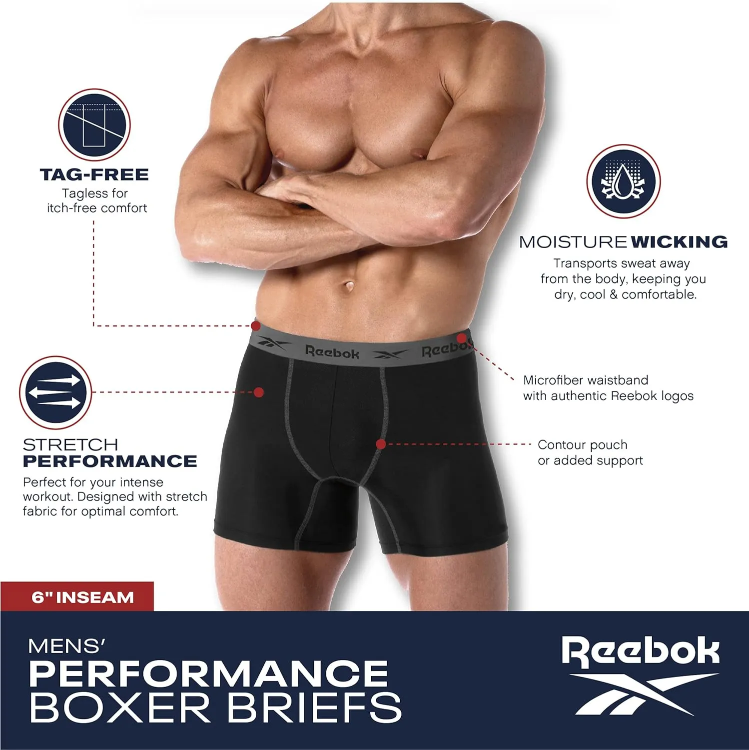 Rebook Mens Boxer Briefs - 4 Pack Moisture Wicking Stretch Performance Mens Underwear Boxers with Contour Pouch (Sizes: S-XL)