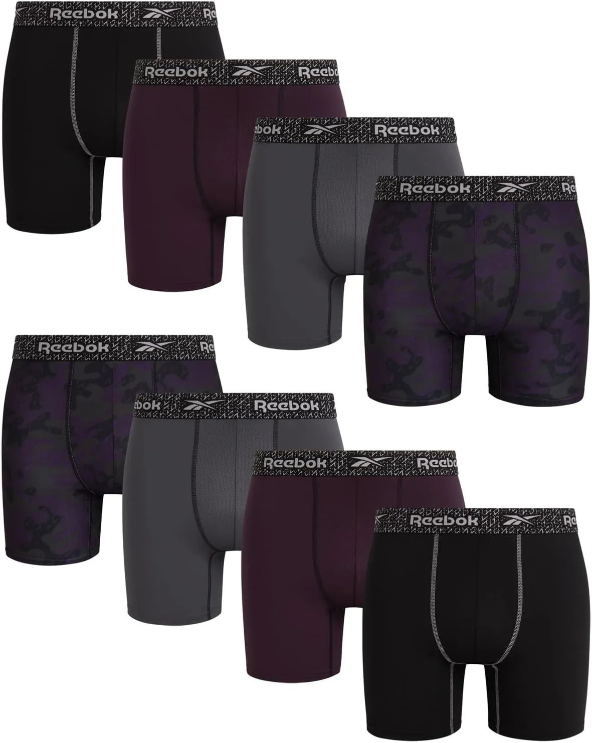 Rebook Mens Boxer Briefs - 8 Pack Stretch Performance Moisture Wicking Mens Underwear Boxers with Contour Pouch (Sizes: S-XL)