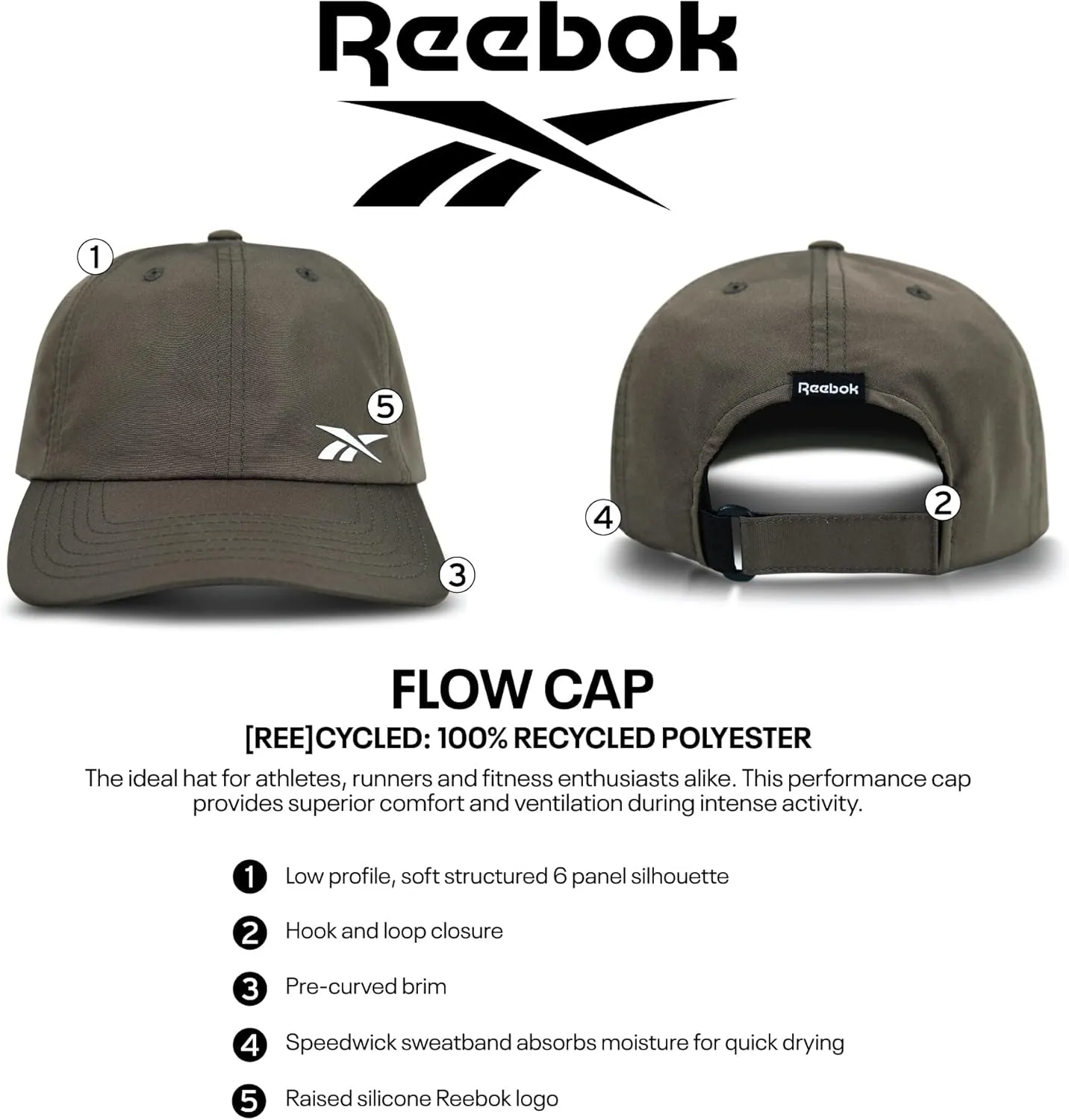 Reebok Lightweight Adjustable Performance Running Cap for Men and Women (One Size Fits Most)