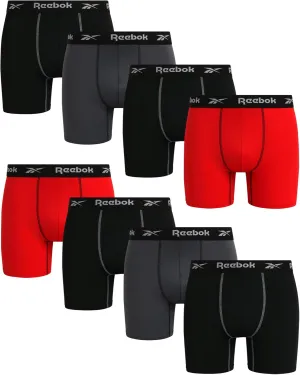 Reebok Mens Boxer Briefs - 8 Pack Stretch Performance Moisture Wicking Mens Underwear Boxers with Contour Pouch (Sizes: S-XL)