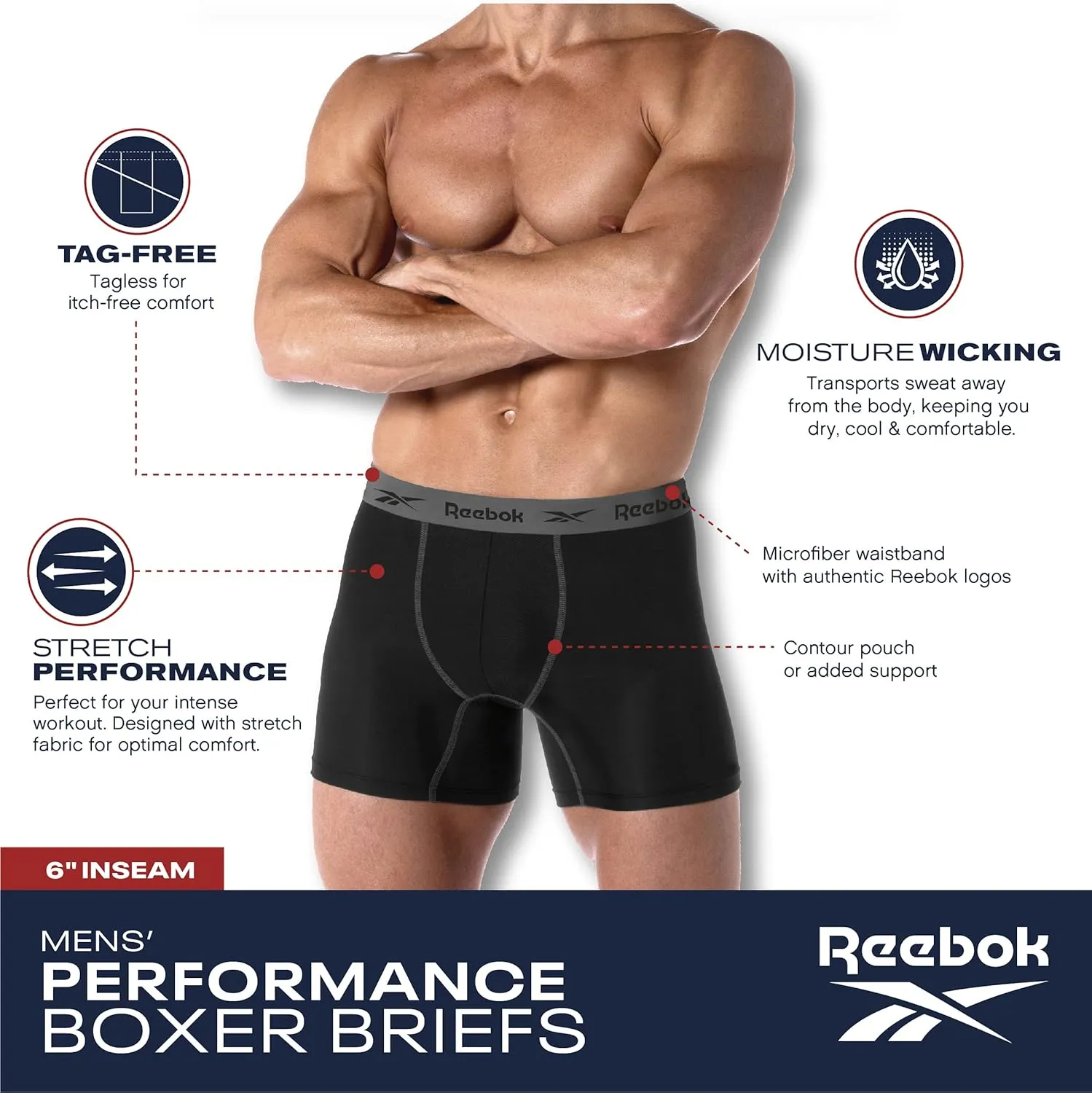 Reebok Mens Boxer Briefs - 8 Pack Stretch Performance Moisture Wicking Mens Underwear Boxers with Contour Pouch (Sizes: S-XL)