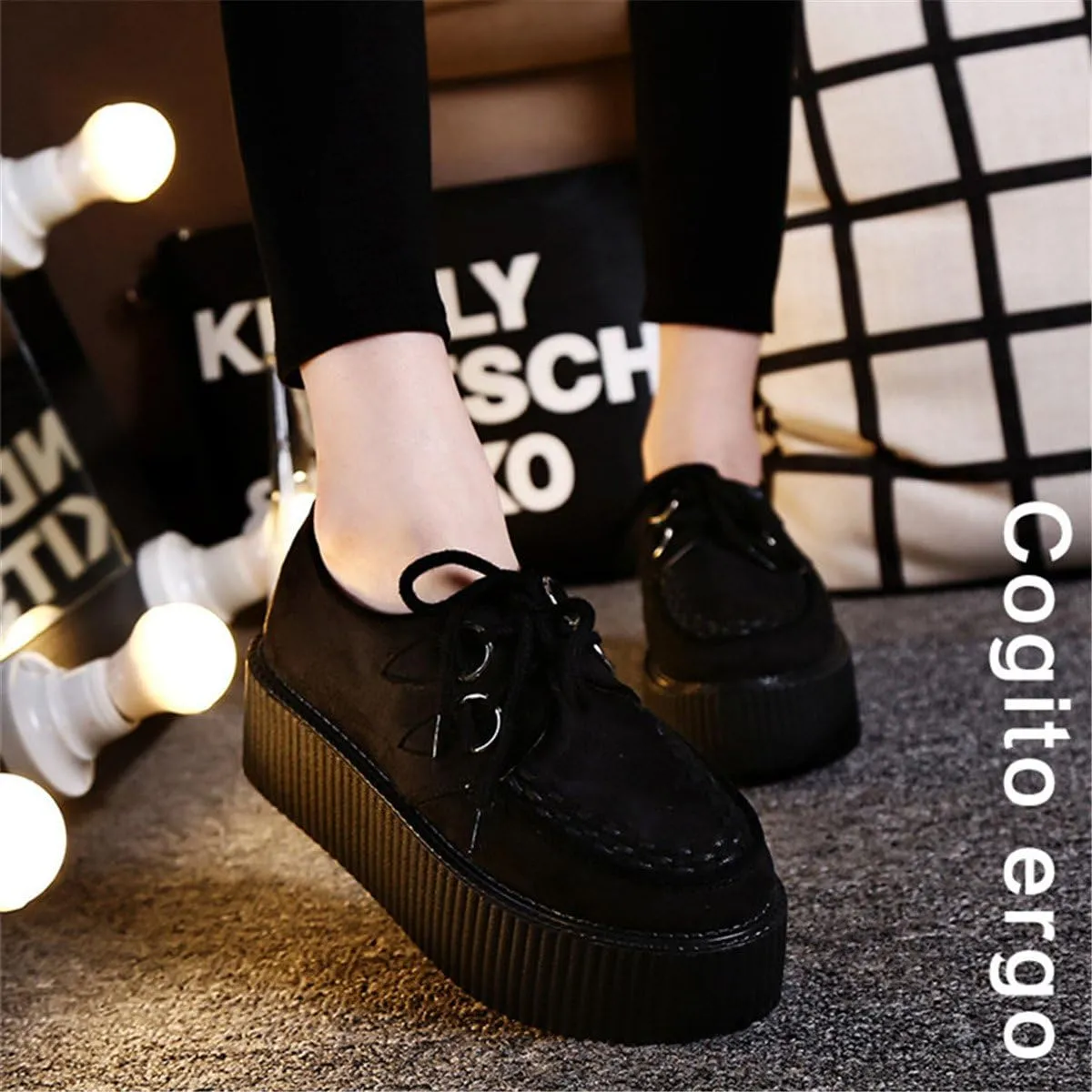 RoseG Women's Handmade Suede Lace Up Flat Platform Creepers Shoe