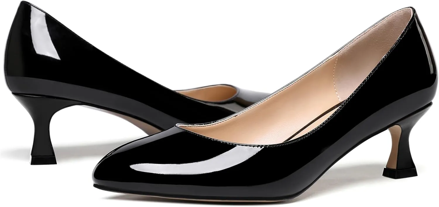 ROSERWISH Womens Wedding Stylish Fashion Round Toe Patent Slip On Kitten Low Heel Pumps Shoes 2 Inch
