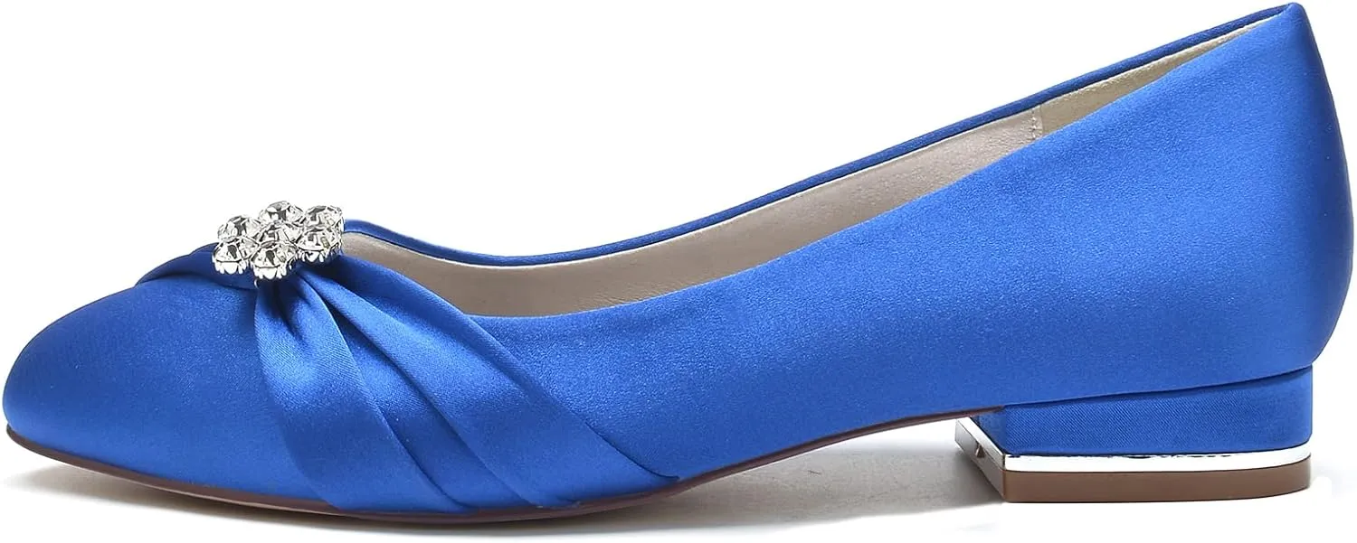 Round Toe Satin Flats Wedding Shoes for Bride Comfortable Bridal Flats Rhinestones Prom Evening Party Dress Pumps for Women