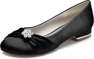 Round Toe Satin Flats Wedding Shoes for Bride Comfortable Bridal Flats Rhinestones Prom Evening Party Dress Pumps for Women