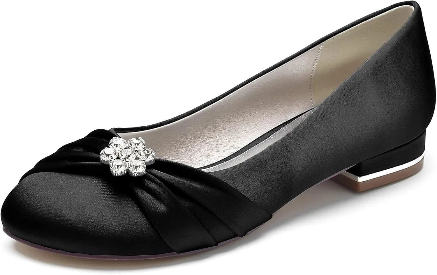 Round Toe Satin Flats Wedding Shoes for Bride Comfortable Bridal Flats Rhinestones Prom Evening Party Dress Pumps for Women