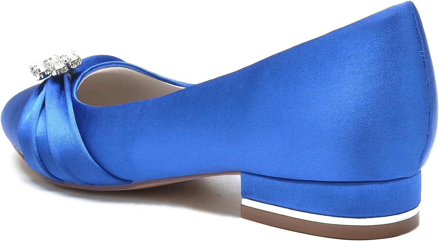 Round Toe Satin Flats Wedding Shoes for Bride Comfortable Bridal Flats Rhinestones Prom Evening Party Dress Pumps for Women