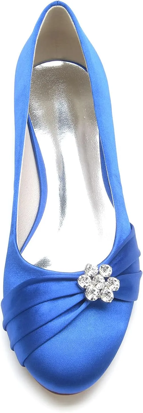 Round Toe Satin Flats Wedding Shoes for Bride Comfortable Bridal Flats Rhinestones Prom Evening Party Dress Pumps for Women