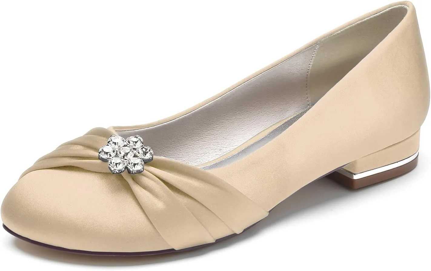 Round Toe Satin Flats Wedding Shoes for Bride Comfortable Bridal Flats Rhinestones Prom Evening Party Dress Pumps for Women