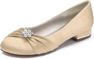 Round Toe Satin Flats Wedding Shoes for Bride Comfortable Bridal Flats Rhinestones Prom Evening Party Dress Pumps for Women