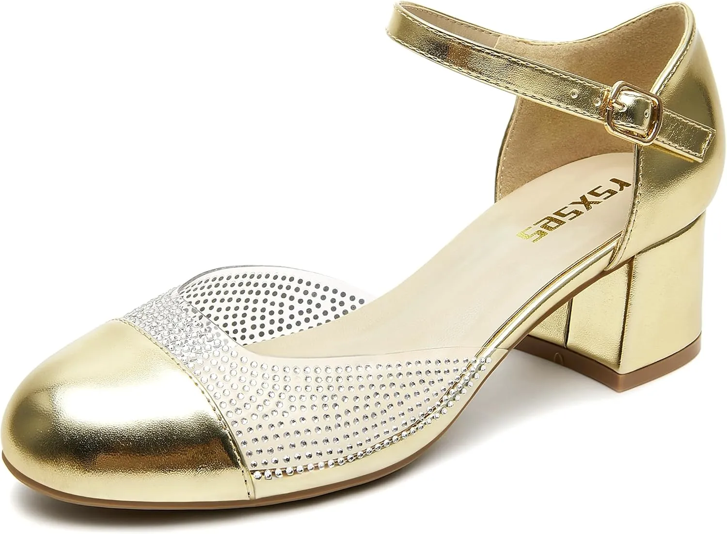 rsxses Women's Closed Round Toe Low Block Heels Ankle Strap Chunky Heel Pumps Rhinestone Dress Wedding Shoes