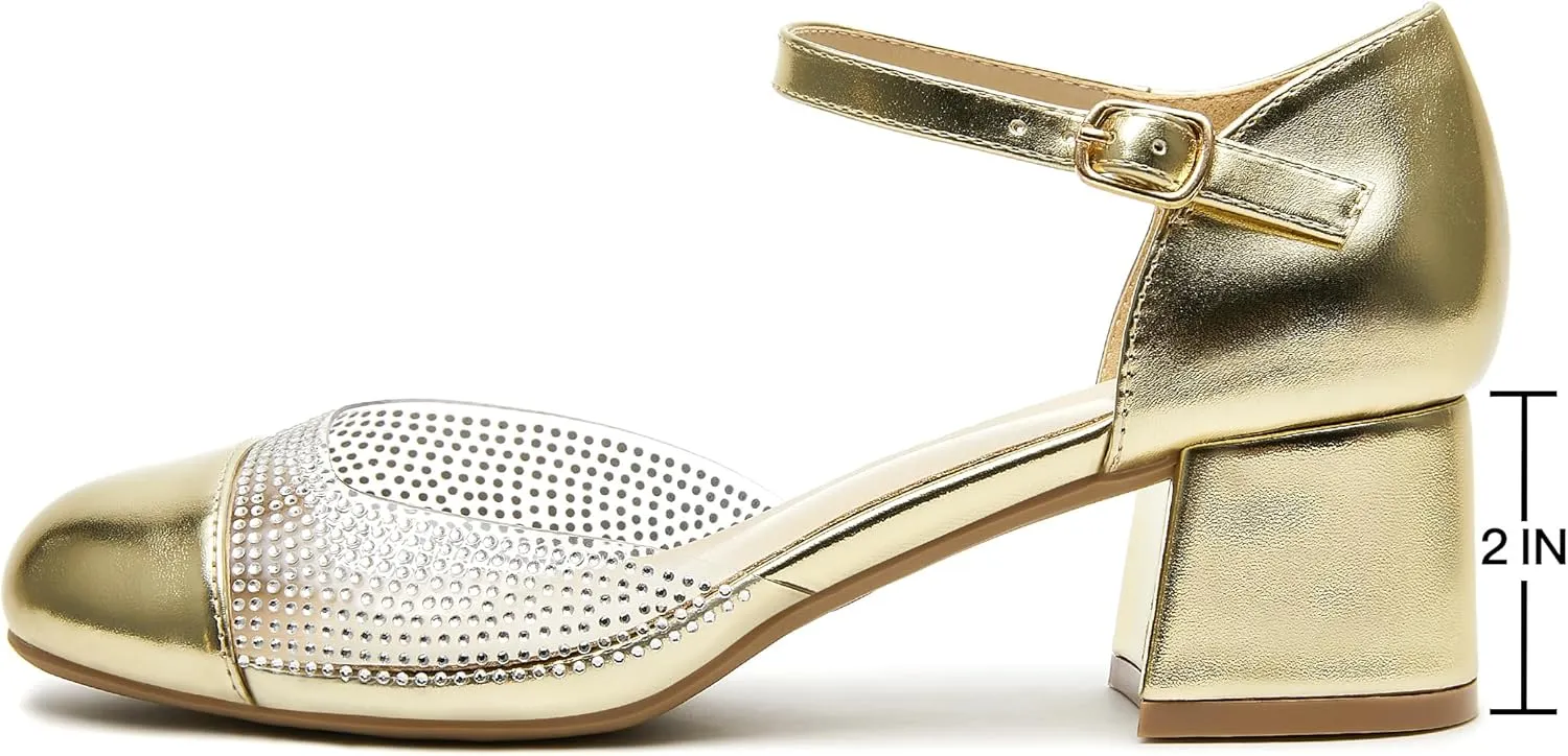 rsxses Women's Closed Round Toe Low Block Heels Ankle Strap Chunky Heel Pumps Rhinestone Dress Wedding Shoes