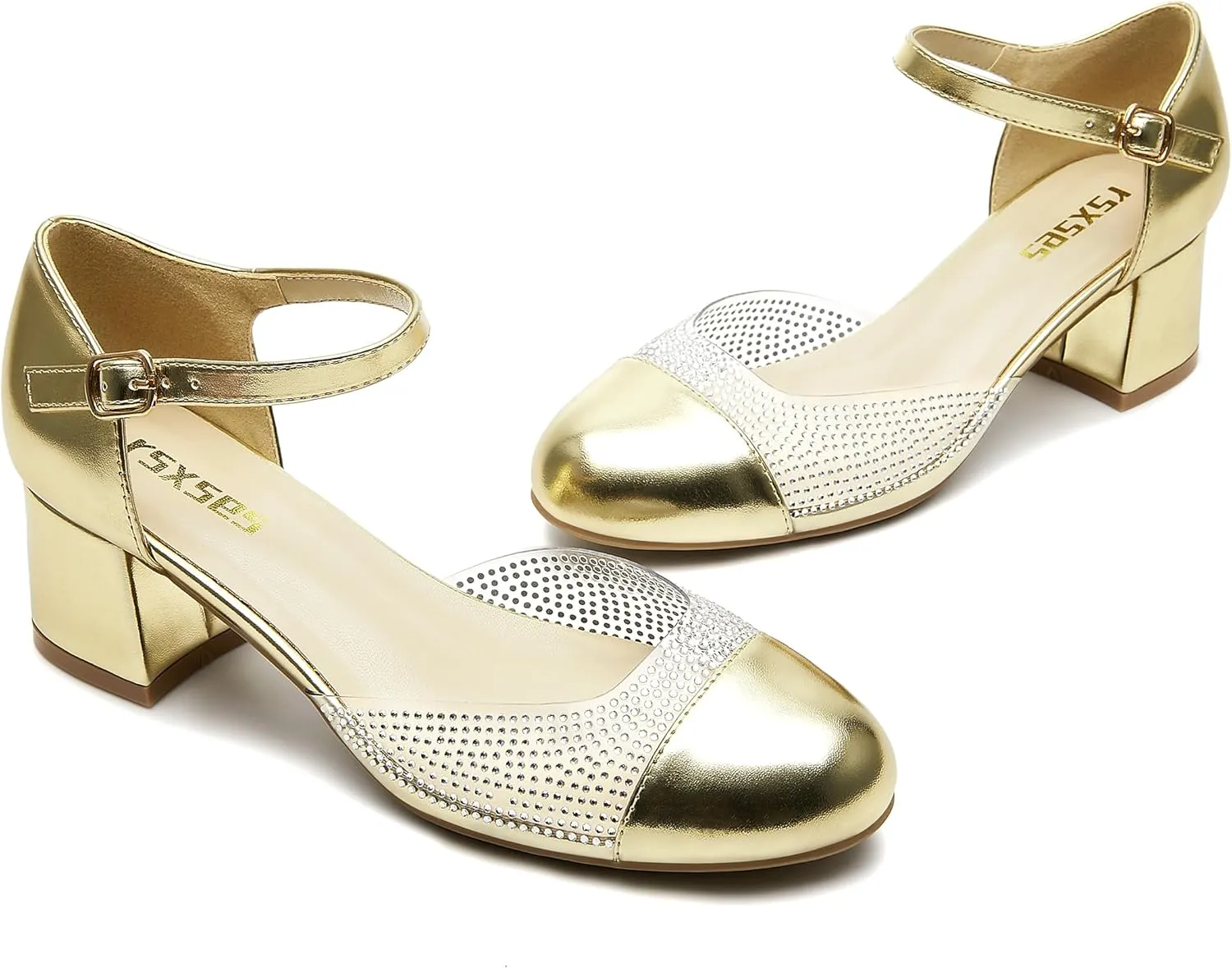 rsxses Women's Closed Round Toe Low Block Heels Ankle Strap Chunky Heel Pumps Rhinestone Dress Wedding Shoes