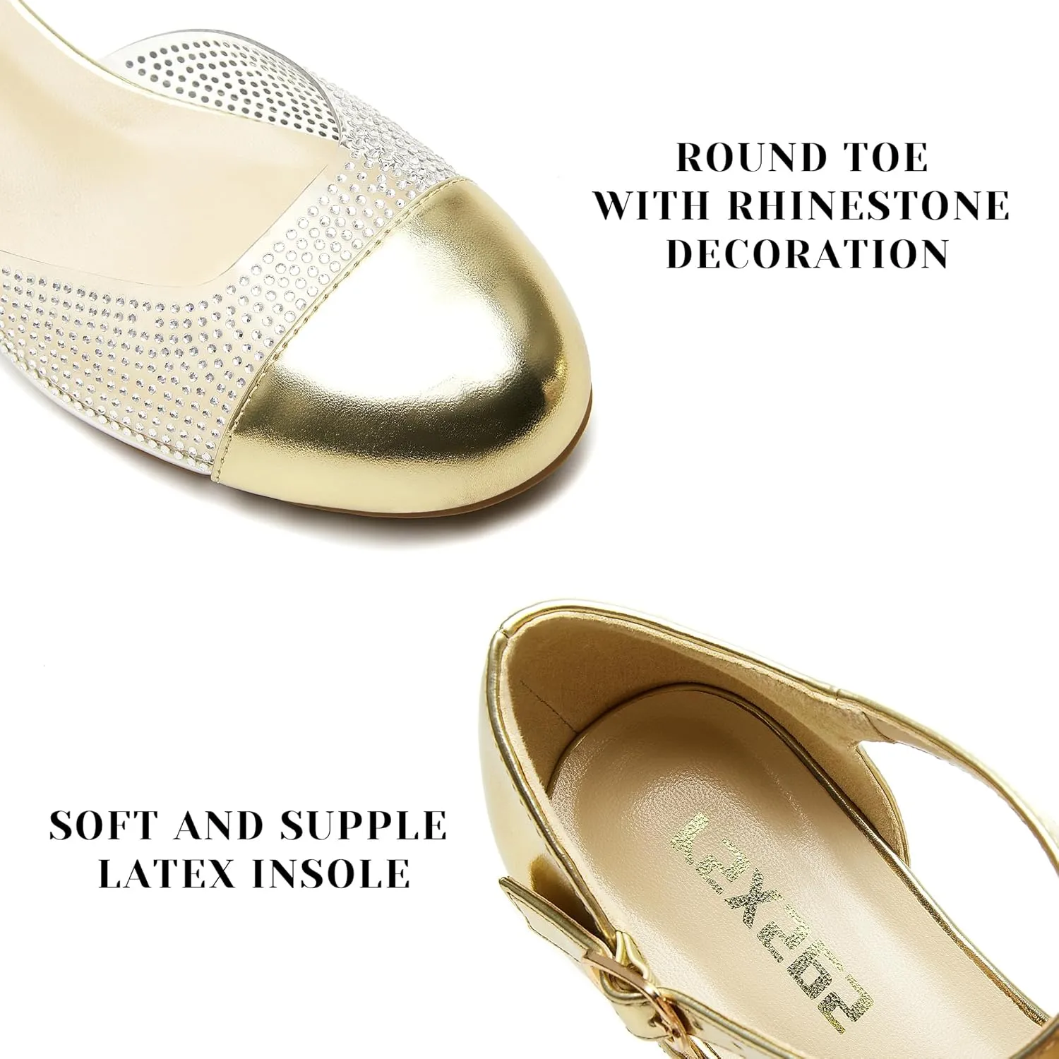 rsxses Women's Closed Round Toe Low Block Heels Ankle Strap Chunky Heel Pumps Rhinestone Dress Wedding Shoes